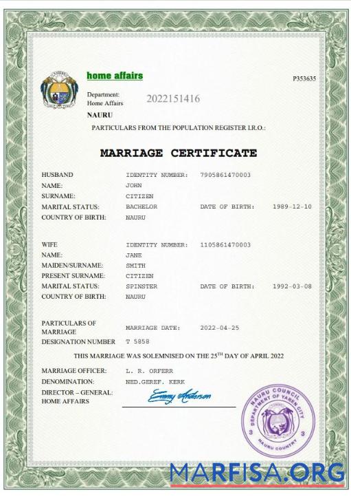 Downloadable Nauru marriage certificate Word and PDF template